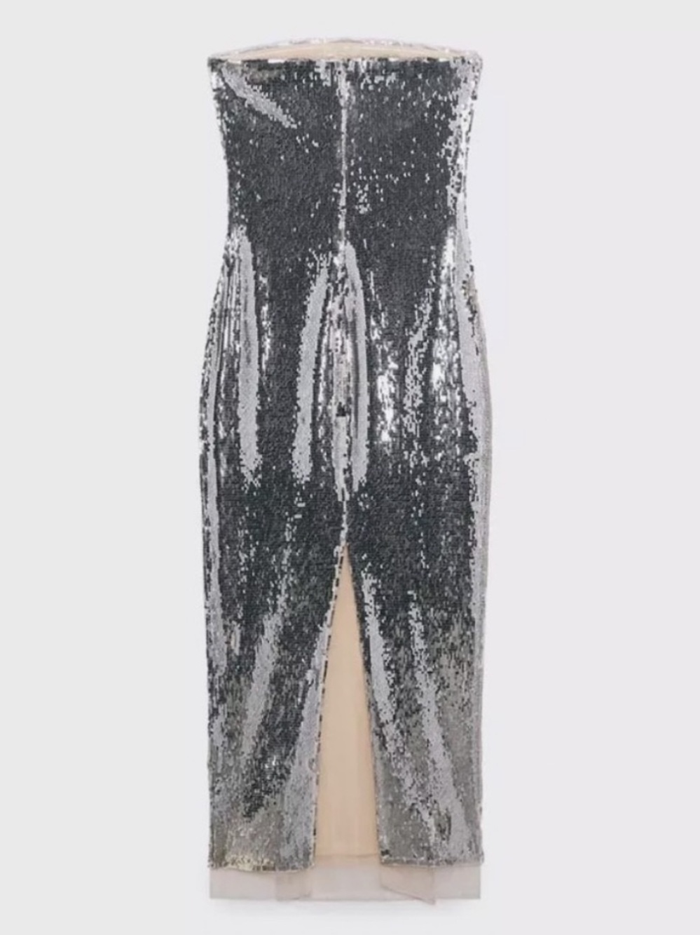Zara Strapless Silver Metallic Sequin Midi Tube Dress Size Small - Picture 4 of 12